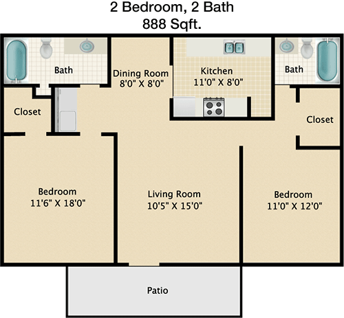 888 sq ft floorplan layout