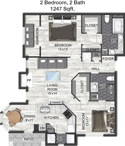 1,247 sq ft floorplan layout