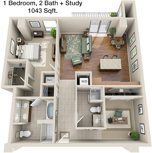 1,043 sq ft floorplan layout