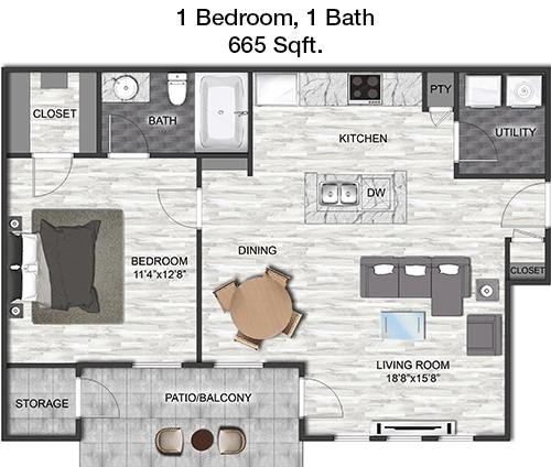 665 sq ft floorplan layout