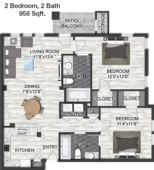 958 sq ft floorplan layout