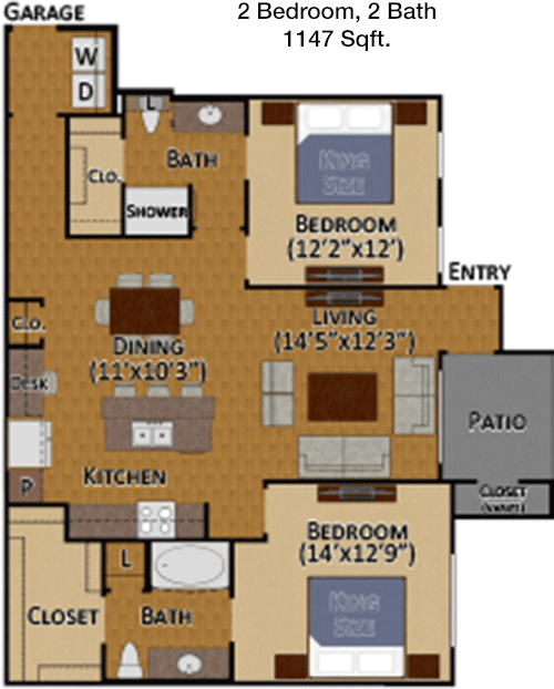 1,147 sq ft floorplan layout