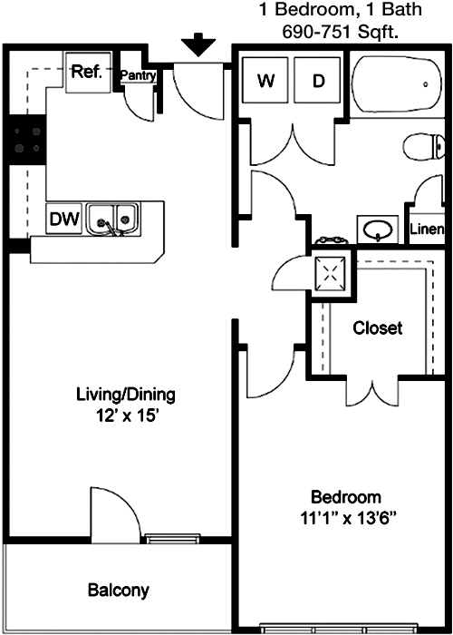 690 sq ft floorplan layout