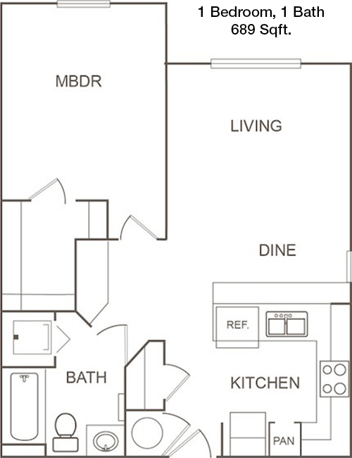 689 sq ft floorplan layout