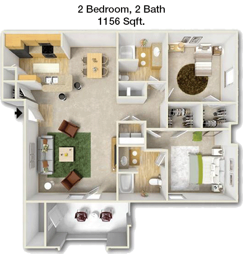 1,156 sq ft floorplan layout