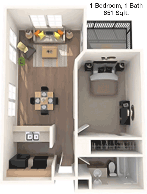 651 sq ft floorplan layout