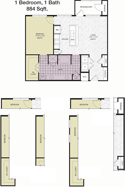 884 sq ft floorplan layout