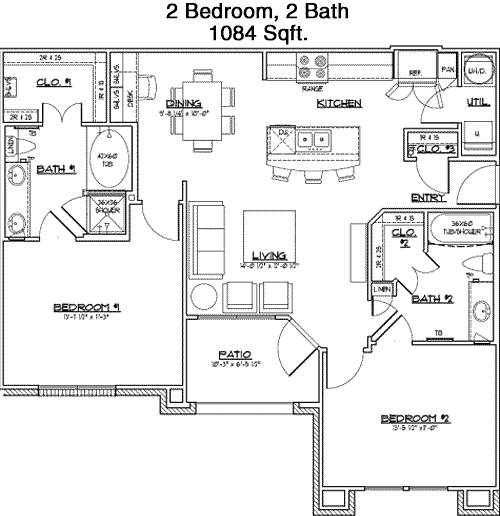 1,084 sq ft floorplan layout