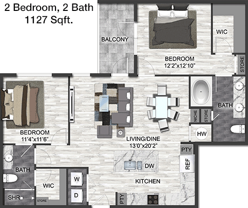 1,127 sq ft floorplan layout