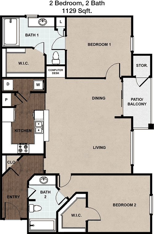 1,129 sq ft floorplan layout