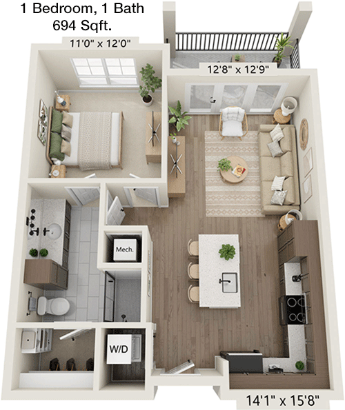 694 sq ft floorplan layout