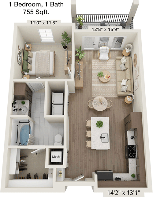 755 sq ft floorplan layout