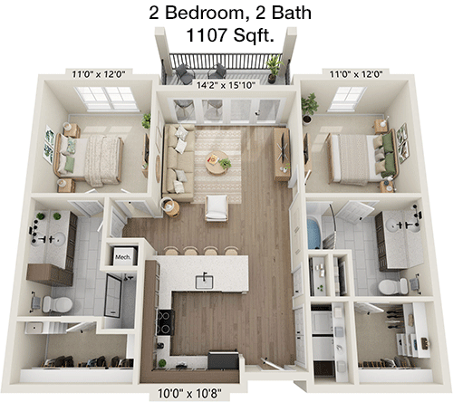 1,107 sq ft floorplan layout