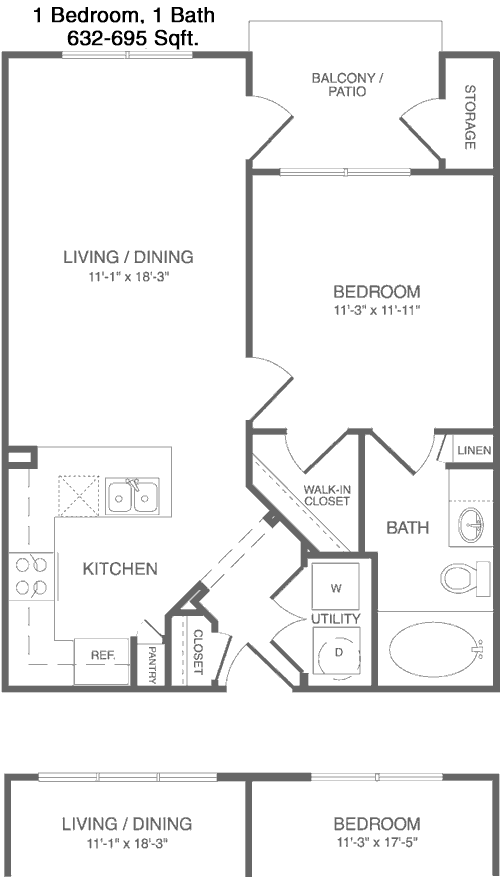 632 sq ft floorplan layout