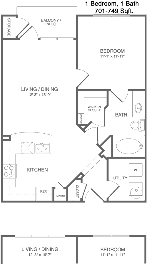 701 sq ft floorplan layout