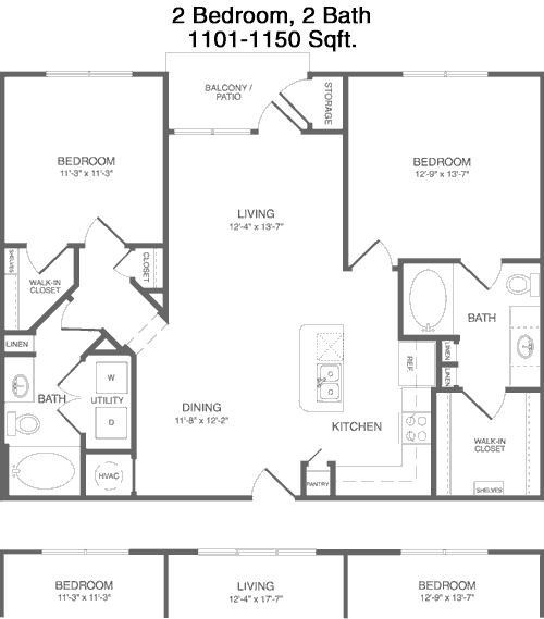 1,101 sq ft floorplan layout