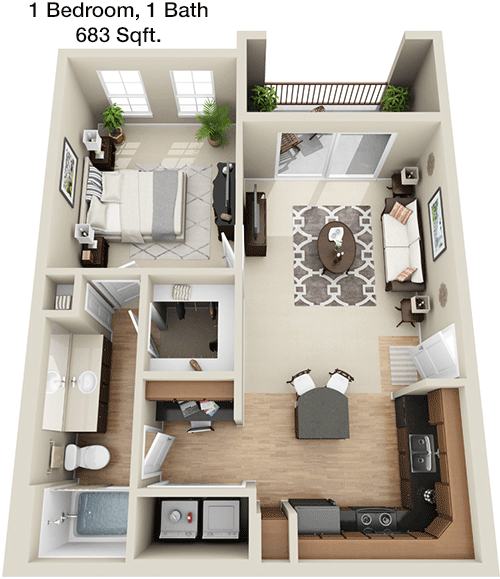 683 sq ft floorplan layout