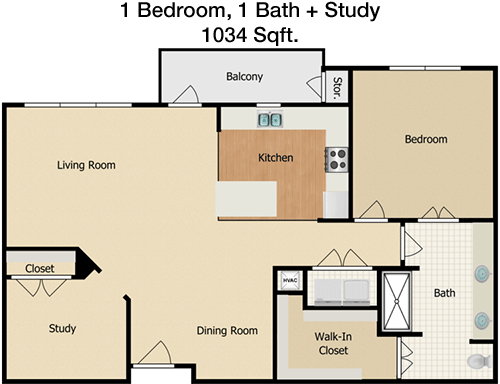 1,034 sq ft floorplan layout