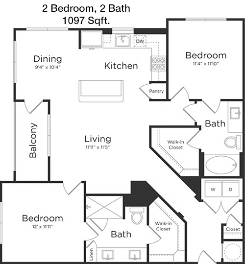 1,097 sq ft floorplan layout