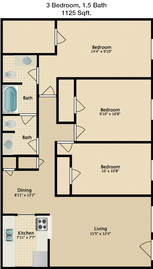1,125 sq ft floorplan layout