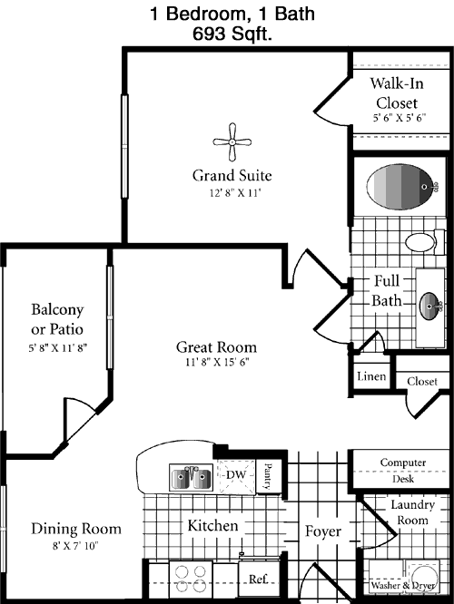 693 sq ft floorplan layout