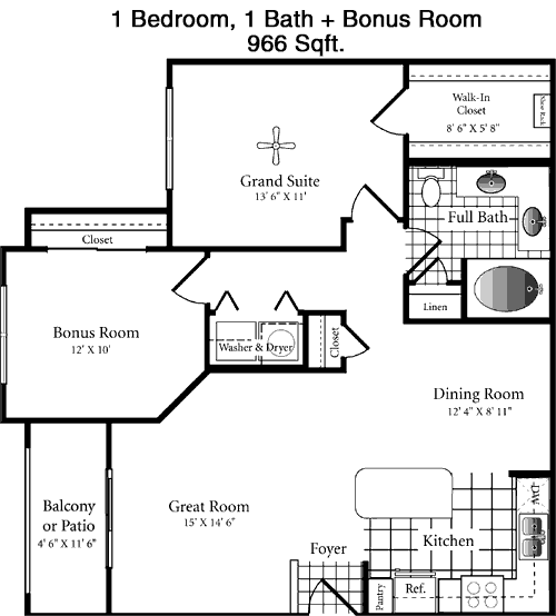 966 sq ft floorplan layout