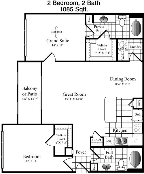 1,085 sq ft floorplan layout