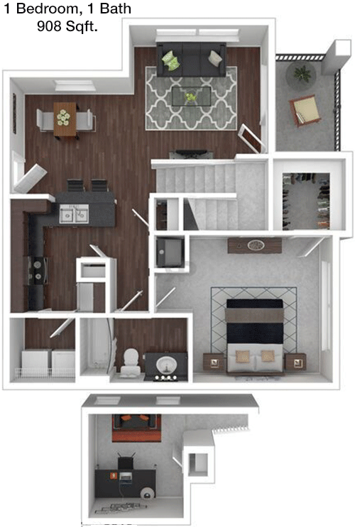 908 sq ft floorplan layout