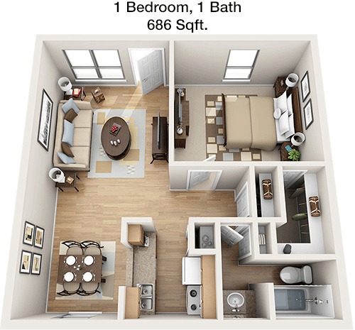 686 sq ft floorplan layout