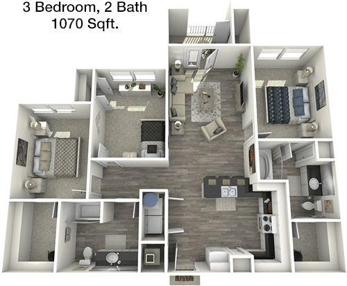 1,070 sq ft floorplan layout