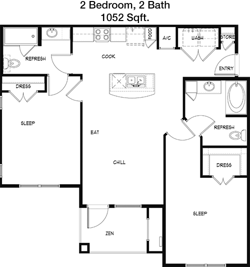 1,052 sq ft floorplan layout