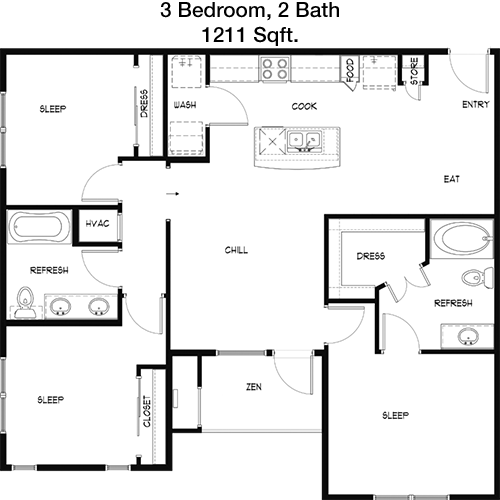 1,211 sq ft floorplan layout