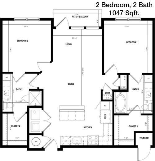 1,047 sq ft floorplan layout