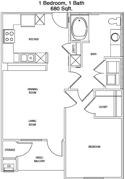 680 sq ft floorplan layout