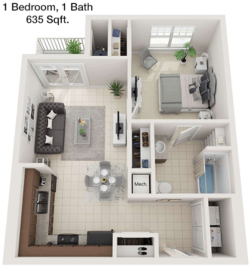635 sq ft floorplan layout