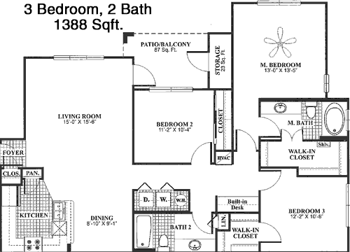 1,388 sq ft floorplan layout