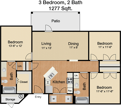 1,277 sq ft floorplan layout