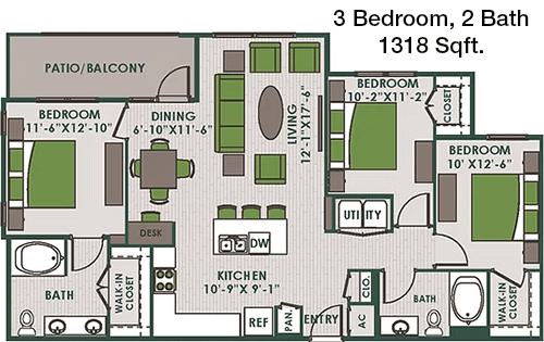 1,318 sq ft floorplan layout