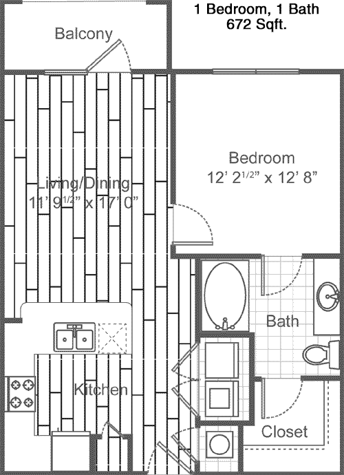 672 sq ft floorplan layout