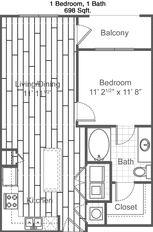 698 sq ft floorplan layout