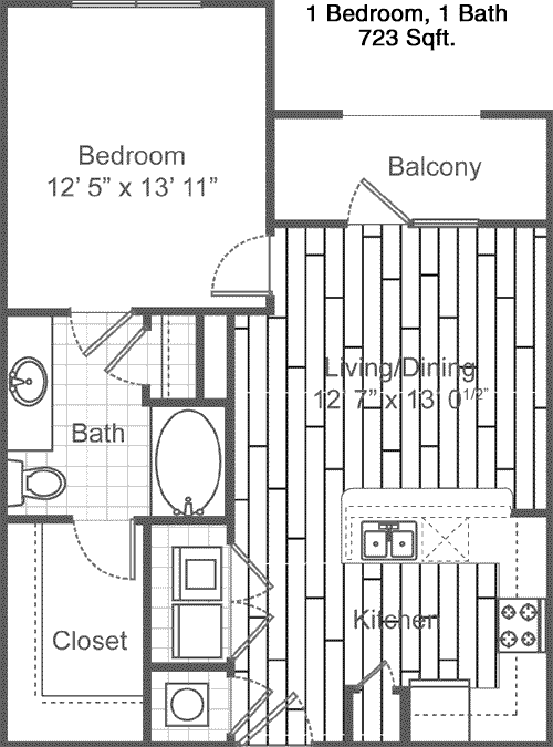 723 sq ft floorplan layout
