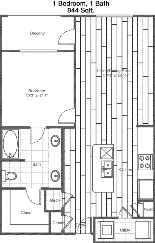 844 sq ft floorplan layout