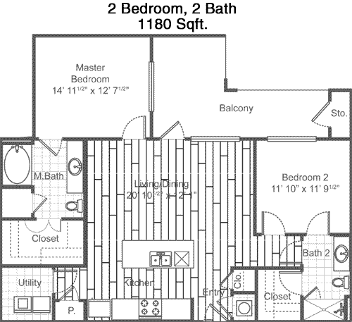 1,180 sq ft floorplan layout