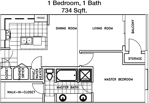 734 sq ft floorplan layout