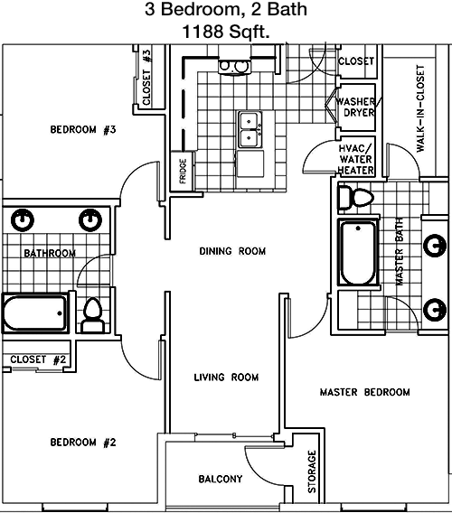 1,188 sq ft floorplan layout