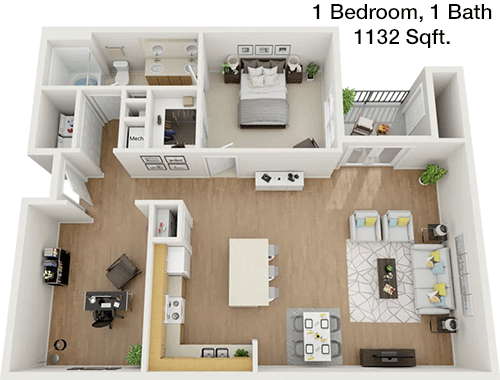 1,132 sq ft floorplan layout