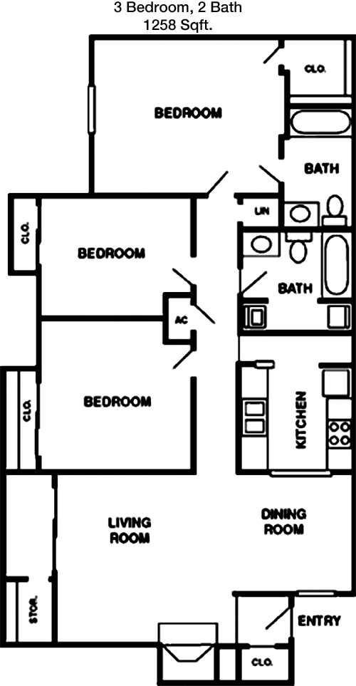 1,258 sq ft floorplan layout