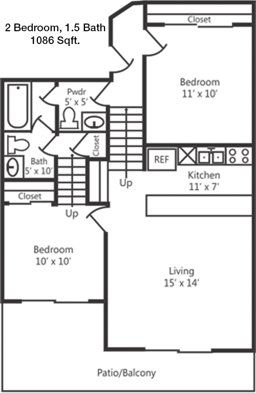 1,086 sq ft floorplan layout