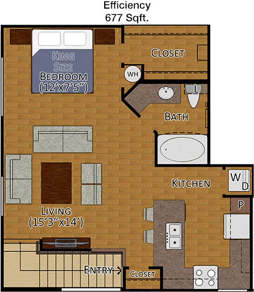 677 sq ft floorplan layout