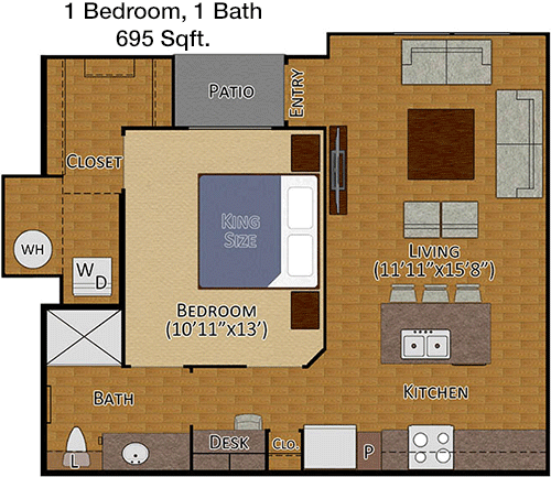 695 sq ft floorplan layout